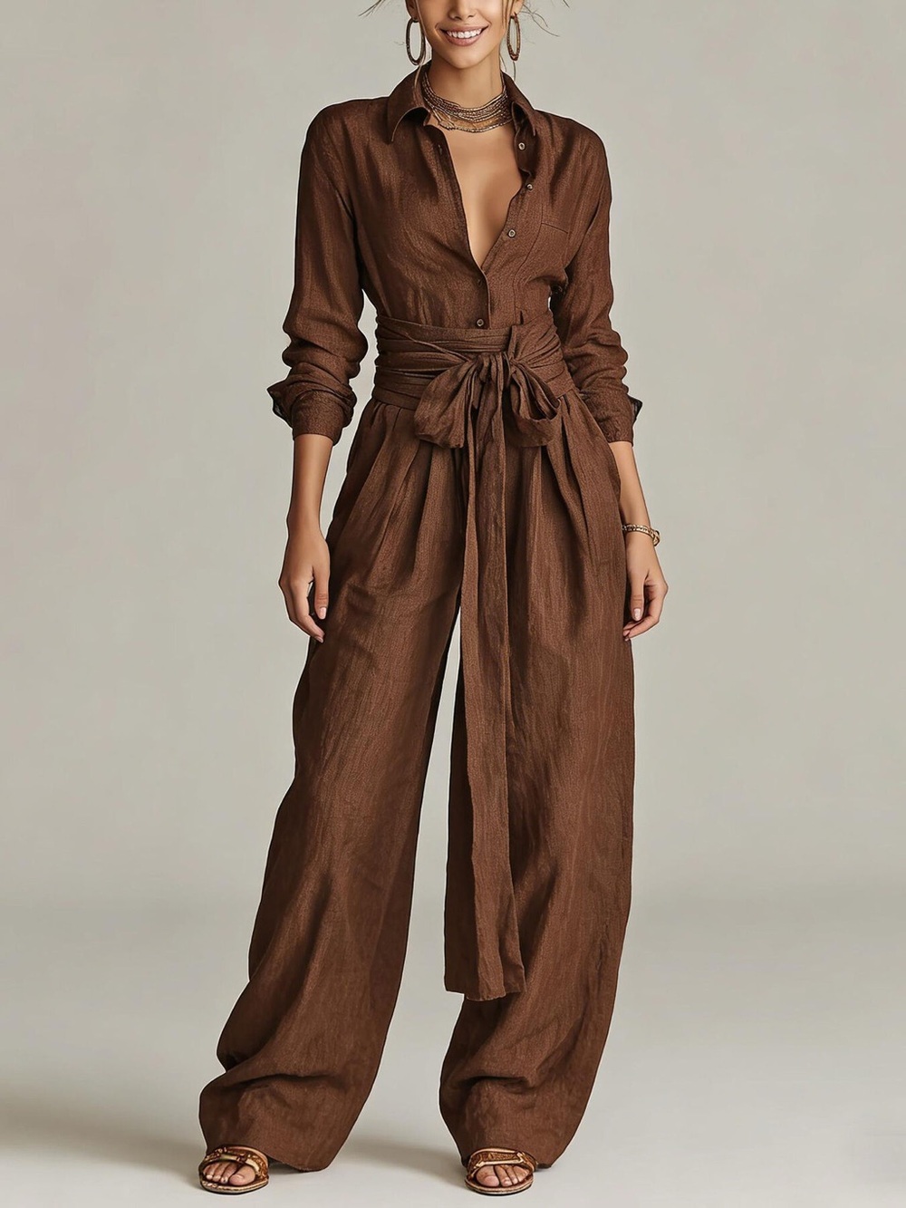 Long-Sleeve Button-Down Waist-Tie Jumpsuit